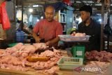Pedagang ayam melayani pembeli di lapaknya di Pasar Flamboyan, Pontianak, Kalimantan Barat, Kamis (15/5/2025). Menurut pedagang di pasar tersebut saat ini harga ayam ras di tingkat konsumen seharga Rp26 ribu per kilogram. ANTARA FOTO/Jessica Wuysang