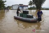 Warga menggunakan perahu karet membawa kotak berisi roti saat banjir di Sukaresik, Kabupaten Tasikmalaya, Jawa Barat, Rabu (21/5/2025). Hujan deras yang mengguyur wilayah Kabupaten Tasikmalaya pada Selasa (20/5) malam, menyebabkan Sungai Citanduy dan Cikidang meluap dan menyebabkan 1.011 rumah warga terendam banjir dengan ketinggian 60 cm hingga dua meter serta menewaskan seorang lansia akibat tenggelam saat menjaring ikan. ANTARA FOTO/Adeng Bustomi/agr
