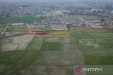 Foto udara kompleks perumahan di antara area persawahan di Sepatan, Kabupaten Tangerang, Banten, Rabu (21/5/2025). Menteri Koordinator Pangan Zulkifli Hasan mengatakan pemerintah akan menambah luas lahan sawah dilindungi dari delapan menjadi 20 provinsi atau dari sebelumnya total luas lahan 3.836.944 hektare ditambah lagi 2.751.651 hektare untuk mengatasi alih fungsi lahan dan menjaga ketahanan pangan nasional melalui revisi Perpres Nomor 59 tahun 2019 terkait alih fungsi lahan sawah. ANTARA FOTO/Putra M. Akbar/gp