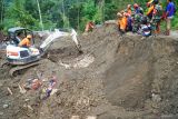 Petugas SAR gabungan mengoperasikan dua alat berat jenis eksavator untuk mencari korban longsor di Dusun Kebonagung, Desa Depok, Trenggalek, Jawa Timur, Jumat (23/5/2025). Operasi pencarian pada hari kelima ini belum berhasil menemukan empat dari enam korban longsor karena kendala cuaca, luasnya area longsor serta banyaknya material tanah bercampur batu dan reruntuhan bangunan. Antara Jatim/Destyan Sujarwoko/um