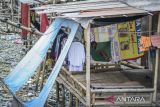 Seorang anak menaiki ayunan kain di kawasan permukiman kumuh di Kosambi, Kabupaten Tangerang, Banten, Selasa (10/6/2025). Badan Pusat Statistik (BPS) mencatat dalam rentang waktu sepuluh tahun terakhir jumlah penduduk miskin di Indonesia turun sekitar 3,06 juta orang menjadi 25,22 juta orang pada Maret 2024 atau menurun 2,22 persen dibandingkan Maret 2014 yang berjumlah 28,28 juta orang. ANTARA FOTO/Putra M. Akbar/gp