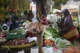 Pedagang sayuran melayani pembeli di Pasar Kelapa, Kota Cilegon, Banten, Minggu (15/6/2025). Bank Indonesia (BI) memproyeksikan kinerja penjualan eceran yang didorong oleh kelompok makanan, minuman, tembakau, subkelompok sandang, serta barang budaya dan rekreasi akan meningkat pada Mei 2025 jika dilihat dari Indeks Penjualan Riil (IPR) yang diperkirakan tumbuh sebesar 2,6 persen secara tahunan, meningkat dibandingkan bulan sebelumnya sehingga mencapai level 234,0. ANTARA FOTO/Angga Budhiyanto/gp