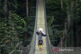 Warga berjalan di atas Jembatan Gantung Citarum di Cihampelas, Kabupaten Bandung Barat, Jawa Barat, Minggu (15/6/2025). Bupati Bandung Barat Jeje Ritchie Ismail menyatakan jembatan gantung yang memiliki panjang sekitar 100 meter dan menghubungkan Desa Pataruman dengan Desa Margaasih tersebut menjadi salah satu potensi ekowisata yang dapat dimanfaatkan serta dikelola oleh Koperasi Desa Merah Putih di wilayah itu. ANTARA FOTO/Abdan Syakura/agr