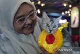 Seorang peserta mengendong kucingnya seusai menerima penghargaan sebagai pemenang  lomba  kucing tampan/cantik  di Banda Aceh, Aceh, Minggu ( 15/6/2025).  Kegiatan lomba busana kucing  dan lomba kucing tampan/cantik yang diikuti sekitar 80 peserta dari sejumlah daerah bertema 