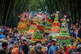 Warga mengarak gunungan saat Grebeg Suro di Hutan Bambu, Desa Sumbermujur, Kecamatan Candipuro, Lumajang, Jawa Timur, Jumat (27/6/2025). Tradisi Grebeg Suro dengan arakan gunungan dan memendam kepala sapi di titik sumber air tersebut dilakukan sejumlah masyarakat sekitar kaki Gunung Semeru setiap tahun pada satu Suro dalam penanggalan Jawa sebagai ungkapan rasa syukur akan sumber air yang melimpah. ANTARA Jatim/Irfan Sumanjaya/mas.