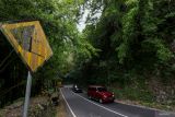 Kendaraan melintas di lokasi rawan longsor jalur payung, Batu, Jawa Timur, Rabu (9/7/2025). Badan Meteorologi, Klimatologi, dan Geofisika (BMKG) Juanda memperingatkan tentang potensi cuaca ekstrem yang diperkirakan terjadi di wilayah Jatim pada 8-11 Juli 2025 yang dipengaruhi adanya gelombang atmosfer Kelvin dan aktifnya gangguan atmosfer Low Frequency, sehingga dapat mengakibatkan peningkatan pembentukan awan hujan dan dapat menimbulkan potensi bencana hidrometeorologi, seperti banjir, tanah longsor, hingga pohon tumbang. ANTARA Jatim/Muhammad Mada/mas.
