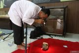 Anggota tim konservator dari Museum Sangiran mendokumentasikan fosil gigi geraham gajah purba (Stegodon Trigonochepalus Ivory) di Museum Trinil, Ngawi, Jawa Timur, Kamis, (10/7/2025). Kegiatan konservasi tersebut dilakukan secara berkelanjutan selama kurang lebih 25 hari yang meliputi pembersihan, perawatan, pendataan, dan penyimpanan fosil purbakala dari zaman Pleistosen dengan tujuan menjaga kelestarian koleksi, mendukung riset ilmiah, serta memperkuat fungsi museum sebagai sarana edukasi sejarah kehidupan purba kepada masyarakat. ANTARA Jatim/Ari Bowo Sucipto/mas.
