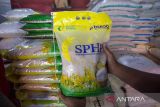 Petugas memeriksa kondisi beras SPHP di salah satu kios di Pasar Induk Indramayu, Jawa Barat, Minggu (13/5/2025). Bulog Cabang Indramayu bersama Satgas Pangan melakukan pengawasan distribusi beras SPHP untuk mencegah penyelewengan serta memastikan kecukupan stok beras di pasar. ANTARA FOTO/Dedhez Anggara/agr