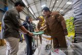 Petugas Dinas Ketahanan Pangan dan Pertanian (DKPP) kabupaten Indramayu bersama tim Satgas Pangan memeriksa kualitas beras bantuan pangan yang akan disalurkan di gudang Bulog Indramayu, Jawa Barat, Selasa (15/7/2025). Perum Bulog memastikan kesiapannya dalam menyalurkan bantuan pangan beras kepada 18,27 juta penerima bantuan pangan (PBP) di seluruh Indonesia untuk menjaga stabilitas ekonomi masyarakat berpenghasilan rendah dan menekan inflasi pangan. ANTARA FOTO/Dedhez Anggara/agr