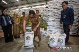 Petugas dari Dinas Ketahanan pangan dan Pertanian Kabupaten Indramayu (DKPP) bersama Ttim Satgas Pangan memeriksa bobot beras bantuan pangan yang akan disalurkan di gudang Bulog Indramayu, Jawa Barat, Selasa (15/7/2025). Perum Bulog memastikan kesiapannya dalam menyalurkan bantuan pangan beras kepada 18,27 juta penerima bantuan pangan (PBP) di seluruh Indonesia untuk menjaga stabilitas ekonomi masyarakat berpenghasilan rendah dan menekan inflasi pangan. ANTARA FOTO/Dedhez Anggara/agr