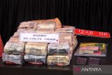 Barang bukti berupa 23 kilogram sabu dan sejumlah plat nomor palsu ditampilkan dalam rilis pengungkapan kasus narkotika oleh Polda Kalbar di Pontianak, Kalimantan Barat, Rabu (16/7/2025). Direktorat Reserse Narkoba Polda Kalbar merilis data pengungkapan 69 kasus tindak pidana narkoba periode Januari–awal Juli 2025, dengan jumlah tersangka 26 orang dan barang bukti berupa 23 kilogram sabu, 2.359 butir ekstasi, satu unit mobil, enam unit motor, serta sejumlah plat nomor palsu (plat merah dan plat hitam) yang ditemukan di dalam mobil salah satu tersangka. ANTARA FOTO/Jessica Wuysang