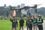 Sejumlah petani mendapatkan pelatihan penerbangan drone pertanian di areal persawahan di Sambutan, Samarinda, Kalimantan Timur, Jumat (18/7/2025). Digitalisasi pada sektor pertanian dengan platform drone tersebut dapat membantu petani untuk melakukan pemupukan dan pengendalian hama yang lebih efektif dan efisien dalam menghemat waktu dan tenaga sebagai upaya mendukung program smart farming di Samarinda. Antara Kaltim/M Risyal Hidayat