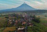 Foto udara Desa Wisata Sumberurip, Kecamatan Pronojiwo, Lumajang, Jawa Timur, Rabu (23/7/2025). Desa di kaki Gunung Semeru yang memiliki sejumlah potensi wisata dengan perpaduan pemandangan alam dan gunung tersebut dimanfaatkan oleh warga setempat untuk memberikan paket perjalanan wisata seperti  jelajah desa dan susur aliran sungai menggunakan jip, lokasi berkemah, agrowisata juga sajian hidangan kuliner khas setempat. Antara Jatim/Irfan Sumanjaya/um