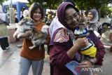 Warga membawa hewan peliharaannya untuk disuntikkan vaksin rabies di Cibodas, Kota Tangerang, Banten, Kamis (31/7/2025). Kegiatan pemeriksaan kesehatan dan vaksinasi rabies gratis tersebut untuk mencegah penyebaran rabies pada hewan peliharaan dan mengurangi risiko penularannya kepada manusia guna mengejar target Indonesia bebas rabies 2030. ANTARA FOTO/Putra M. Akbar/gp