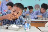 Sejumlah pelajar menikmati makanan bergizi program Makan Bergizi Gratis (MBG) di SMP Negeri 13 Surabaya, Surabaya, Jawa Timur, Jumat (22/8/2025). Pemerintah Provinsi Jawa Timur mencatat per tanggal 20 Agustus 2025 penerima program Makan Bergizi Gratis (MGB) di Jawa Timur sebanyak 1,9 juta penerima manfaat dengan 714 Satuan Pelayanan Pemenuhan Gizi (SPPG) yang memproduksi makanan bergizi gratis serta pendistribusiannya tersebar di Jawa Timur. ANTARA Jatim/Didik Suhartono/mas.