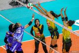 Pevoli Bharata Muda Cindy Tiara Berliyan (kedua kiri) melakukan spike dengan dihadang pevoli Petrokimia Gresik Pupuk Indonesia Geofanny Eka Cahyaningtyas (kedua kanan) pada pertandingan babak reguler putaran kedua Livoli Divisi Utama di GOR Bojonegoro, Jawa Timur, Rabu (17/9/2025). Petrokimia Gresik Pupuk Indonesia menang atas Bharata Muda dengan skor 3-0 (25-13, 25-23, 25-21). ANTARA Jatim/Muhammad Mada/mas.