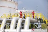 Pekerja melakukan pemantauan lapangan di area tangki BBM di Kilang Pertamina Balongan, Indramayu, Jawa Barat, Kamis (25/9/2025). PT Kilang Pertamina Internasional (KPI) melalui Project R&P Balongan membangun empat unit baru tangki dengan kapasitas masing-masing 29 ribu meter kubik untuk memperkuat ketahanan energi nasional dengan meningkatkan fleksibilitas dan efisiensi pengelolaan penyimpanan produk gasoline series di KilangÂ Balongan. ANTARA FOTO/Dedhez Anggara/agr