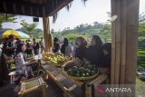 Pengunjung membeli hasil bumi di acara Pasar Bumi Pakuwon, Ciboer Pas, Bantaragung, Majalengka, Jawa Barat, Sabtu (27/9/2025). Pasar yang digelar sebulan sekali itu digagas oleh Pemdes Bantaragung bekerjasama dengan Bank Indonesia (BI) bertujuan untuk meningkatkan kunjungan wisatawan di Majalengka dengan memadukan pertunjukan budaya, kuliner dan wisata alam. ANTARA FOTO/Dedhez Anggara/agr