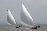 Dua perahu layar tradisional beradu kecepatan saat mengikuti lomba balap perahu layar tradisional di Kenjeran, Surabaya, Jawa Timur, Minggu (5/10/2025). Lomba yang diikuti 42 tim peserta itu digelar oleh Departemen Teknik Perkapalan Fakultas Teknologi Kelautan Institut Teknologi Sepuluh Nopember (ITS) sebagai upaya pelestarian budaya maritim dan pemberdayaan nelayan pesisir, sekaligus untuk menarik wisatawan berkunjung di kawasan wisata itu. ANTARA Jatim/Didik Suhartono/mas.