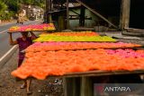 Pekerja menjemur kerupuk besot yang telah selesai di produksi di Kadungora, Kabupaten Garut, Jawa Barat, Jumat (17/10/2025). Kementerian Usaha Mikro, Kecil, dan Menengah (UMKM) mencatat dalam kurun waktu Januari sampai September 2025 dana sebesar Rp1,2 triliun tersalurkan dalam subsidi pembiayaan modal kepada 30 ribu UMKM berbagai sektor usaha di Kabupaten Garut untuk membantu permodalan dalam mengembangkan usahanya. ANTARA FOTO/Raisan Al Farisi/agr