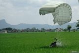Pasukan penerjun payung mendarat di area persawahan dalam simulasi intersepesi pasukan udara di lapangan Desa Sodo, Pakel, Tulungagung, Jawa Timur, Selasa (4/11/2025). Latihan intersepsi pasukan ini bagian dari simulasi serangan udara ke darat (air to ground strike) yang digelar TNI AU dalam rangkaian Mission Oriented Training (MOT) 2025 yang berlangsung mulai 25 Oktober hingga 6 November 2025. ANTARA Jatim/Destyan Sujarwoko/mas.