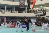 Pesilat dari Perguruan IKSPI Kera Sakti Soleh Fikriana (kiri) bertarung melawan pesilat dari Perguruan Pagar Nusa Kabupaten Tangerang M. Adly Fairuz saat Banten Pencak Silat Competition 2025 di Mall Balekota, Kota Tangerang, Banten, Sabtu (8/11/2025). Kompetisi silat yang berlangsung hingga 9 November 2025 tersebut diikuti 2.108 peserta dari 12 provinsi sebagai upaya menjaring atlet-atlet muda dan melestarikan seni bela diri tradisional. ANTARA FOTO/Putra M. Akbar/gp