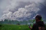 Warga melihat luncuran awan panas Gunung Semeru di Desa Sumberwuluh, Candipuro, Lumajang, Jawa Timur, Rabu (19/11/2025). Berdasarkan data PVMBG, Gunung Semeru mengalami erupsi dengan kolom abu setinggi 2.000 meter di atas puncak atau mencapai total ketinggian sekitar 5.676 mdpl dengan amplitudo gempa letusan mencapai 40 mm. ANTARA FOTO/Irfan Sumanjaya/YU