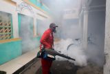 Seorang petugas dari Dinas Kesehatan melakukan pengasapan (fogging) di Pondok Pesantren Al-Ishlah, Kota Kediri, Jawa Timur, Senin (12/1/2026). Fogging di pondok pesantren tersebut sebagai upaya Pemkot Kediri mengendalikan perkembangbiakan nyamuk Aedes aegypti penyebab demam berdarah dengue saat musim hujan. Antara Jatim/Prasetia Fauzani/abs