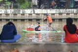 Peserta menaiki selancar dayung atau paddle board saat memungut sampah di aliran Sungai Karang Mumus, Samarinda, Kalimantan Timur, Minggu (25/1/2026). Puluhan anggota yang tergabung dalam komunitas Paddle Board Samarinda tersebut menyusuri Sungai Karang Mumus sepanjang 6,6 kilometer untuk membersihkan sampah yang berada di aliran sungai sebagai upaya pencegahan banjir. Antara Kaltim/M Risyal Hidayat