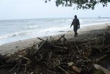 Seorang warga berjalan di dekat tumpukan sampah kayu di Wisata Bahari Pasir Putih, Kecamatan Bungatan, Situbondo, Jawa Timur, Rabu (28/1/2026). Objek wisata bahari yang menjadi ikon Kabupaten Situbondo tersebut dipenuhi sampah kayu dan bambu di bibir pantai sejak Selasa (27/1) akibat dampak cuaca ekstrem, ombak tinggi dan pascabanjir yang melanda wilayah Situbondo. Antara Jatim/Seno/abs