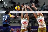 Pevoli Jakarta Livin Mandiri Salsabila Dara Putri (kiri) melakukan smes yang mencoba diblok pevoli Gresik Phonska Plus Pupuk Indonesia Ajeng Nur Cahaya (tengah) dan Shella Bernadetha Onnan (kanan) dalam pertandingan Proliga 2026 putaran kedua minggu kelima di GOR Ken Arok, Malang, Jawa Timur, Minggu (8/2/2026).Jakarta Livin Mandiri mengalahkan Gresik Phonska Plus dengan skor 3-1 (25-17, 25-22, 22-25, 25-20). Antara Jatim/Ari Bowo Sucipto