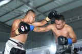 Petinju sasana Lanal Banyuwangi Joko Laras (kanan) bersama petinju asal Malang Iwan Key (kanan) saling melayangkan pukulan pada pertandingan tinju profesional Danlanal Banyuwangi Cup di Pangkalan TNI AL Banyuwangi, Jawa Timur, Kamis (12/2/2026). Sebanyak 158 peserta dari kelas amatir hingga profesional mengikuti pertandingan tersebut yang digelar dalam rangka memperingati Hari Dharma Samudera 2026. Antara Jatim/Budi Candra Setya/abs