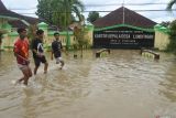 Sejumlah anak melintasi banjir di Desa Glundengan, Wuluhan, Jember, Jawa Timur, Jumat (13/2/2026). Badan Penanggulangan Bencana Daerah (BPBD) Jember mencatat 3.944 kepala keluarga (KK) di delapan kecamatan, 17 desa terdampak banjir akibat hujan deras selama beberapa jam yang mengguyur kabupaten setempat pada Kamis (12/2) sore hingga Jumat (13/2) dini hari. Antara Jatim/Seno/abs