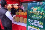 Pengunjung melihat buah durian pada pameran komoditi hortikultura di Karangsari, Banyuwangi, Jawa Timur, Sabtu (28/2/2026). Pameran yang diikuti peserta dampingan Himpunan Kerukunan Tani Indonesia (HKTI) tersebut digelar sebagai upaya mengenalkan potensi hortikultura hasil lokal sekaligus meningkatkan daya saing produk petani ditengah gempuran buah impor. ANTARA Jatim/Budi Candra Setya/mas.
