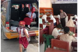 Siswa SD, SMP, MTS belajar daring di Mapolsek Tanjung Pura