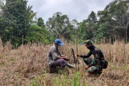 Anggota Satgas TMMD ke 110 bantu warga bersihkan rumput di kebun