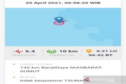 Gempa di Nias bermagnitudo 6,4 terasa hingga Padangsidimpuan