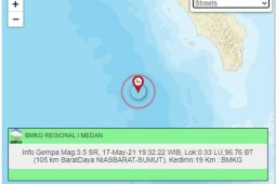Gempa magnitudo 5,1  Nias Barat tidak berpotensi tsunami