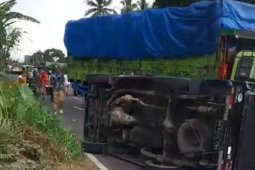 2  truk tabrakan, bikin mobil pick up terguling saat menghindar