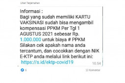 Hoaks, Pemilik kartu vaksin dapat kompensasi PPKM Rp1 juta