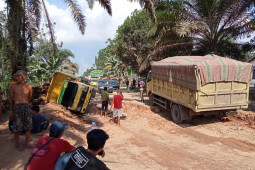 Jalan rusak parah, truk bermuatan sawit terguling di Tanjung Pauh Mestong