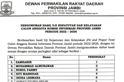 DPRD umumkan lima nama calon komisioner KI Provinsi Jambi lolos 'fit and proper test'