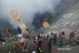 Perjuangan para "Marit" tangkap sesajen di kawah Gunung Bromo saat Kasada