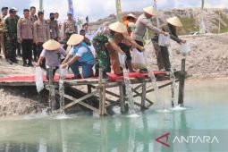 Korem 045 tebar 5.000 bibit ikan air tawar di kolong bekas tambang timah