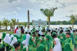 PT Timah bersama murid madrasah tanam mangrove di bekas tambang
