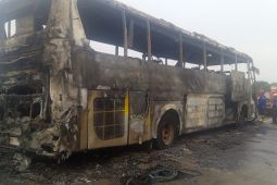 Petugas damkar Lamsel padamkan bus terbakar di tol Bakter