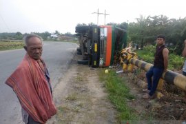 VIDEO - Truk kelapa sawit terguling di Rohil. Begini nasib Burhan sang sopir