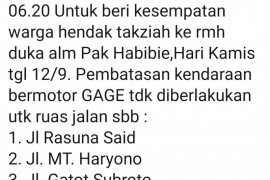 Habibie Wafat, Permudah masyarakat melayat, tiga ruas jalan ganjil genap sementara dihentikan