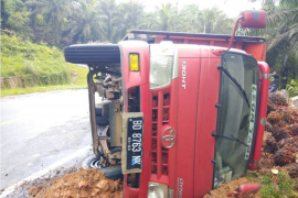 Truk bermuatan TBS terguling di Jalinsum Mukomuko