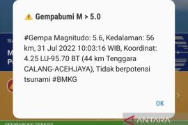 Aceh Jaya diguncang gempa bumi dengan kekuatan magnitudo 5,6
